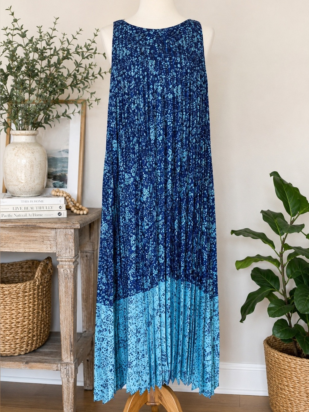 J. Jill Wearever Blue Floral accordion Pleated A-Line Long Dress sleeveless XL